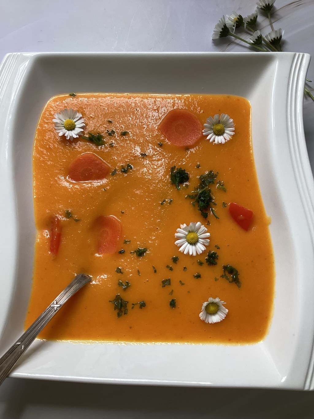 Frühlingshafte Möhrensuppe mit&nbsp;Gänseblümchen